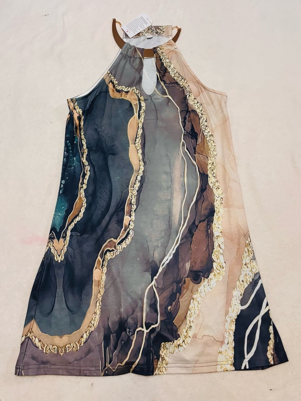 Sleeveless Marble-Print Halter Dress in Neutral Tones - Picture 2 of 7